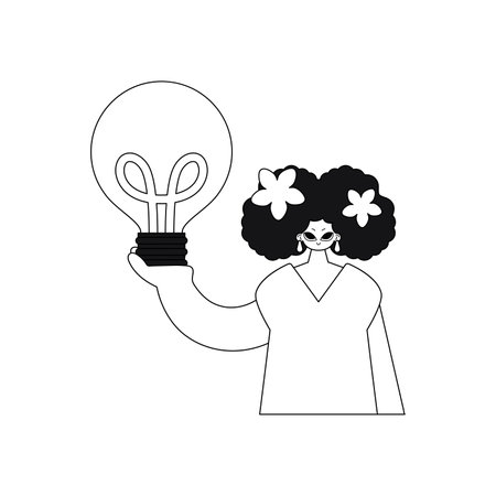 Girl holds a light bulb, symbolizing an idea. Line vector illustration.のイラスト素材