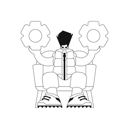 Man holding gears in hands, linear vector illustration.のイラスト素材