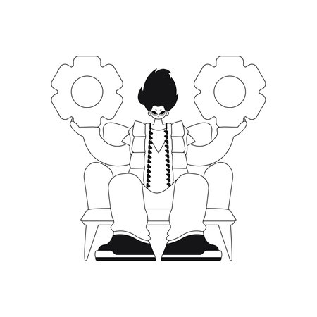 Man holds multiple gears in hands. Linear style vector illustration.のイラスト素材