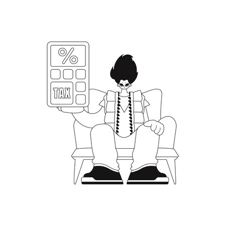 man holds calculator. Line vector illustration.のイラスト素材
