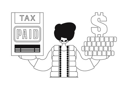 Guy holds tax return and stack of coins in hands. Linear style vector illustration.のイラスト素材