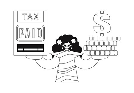 Girl holds a tax return and coins in her hands. illustrated in a linear, vector style.のイラスト素材