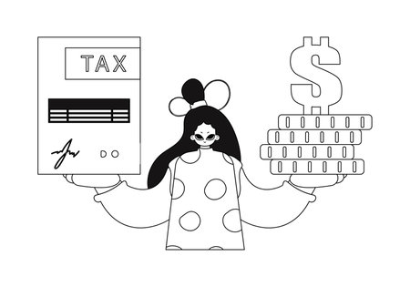Girl has a tax return and a pile of coins grasped in her hands. Vector illustration, linear style.のイラスト素材