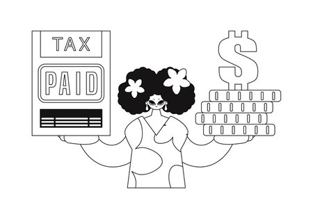 Girl has a tax return and a pile of coins grasped in her hands. Vector illustration, linear style.のイラスト素材