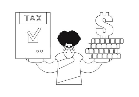 Girl holds a tax form and a stack of coins in her hands. Illustration in vector style.のイラスト素材