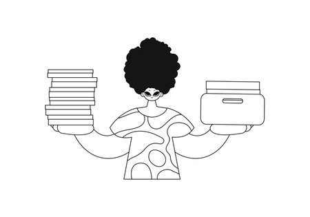 Guy holds stacks of papers in orderly arrangement. vector art.のイラスト素材