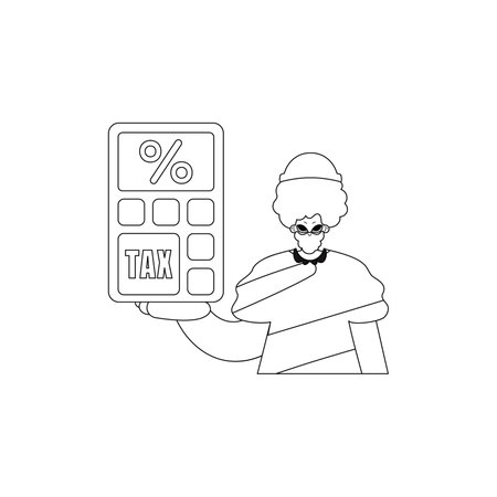 Man holds a calculator. Line drawing. vector illustration.のイラスト素材