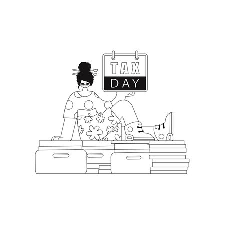 Girl sits atop pile of docs, calendar in hand. tax day. vector illus. linear style.のイラスト素材