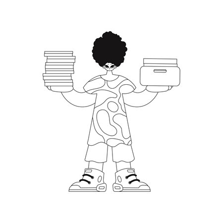 Guy holds stacks of papers in linear style. vector graphic.のイラスト素材