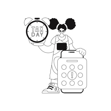 Girl with calendar, alarm clock, and Tax Day deadline. Vector illustration in linear style.のイラスト素材