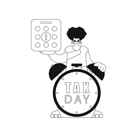 Girl holds calendar and alarm clock, symbolizing tax day. Vector illustration in linear style.のイラスト素材