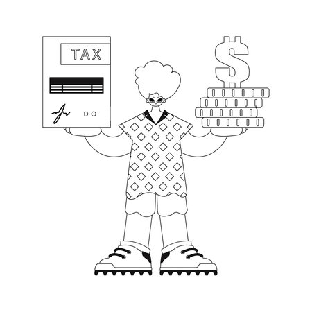 He holds a tax return and coins, linearly illustrated in vector form.のイラスト素材