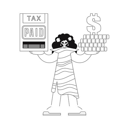 Girl holds a tax return and a pile of coins. illustration in vector format.のイラスト素材
