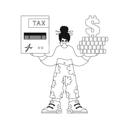 She has a tax return and coins in her hands shown in a linear vector illustration.のイラスト素材