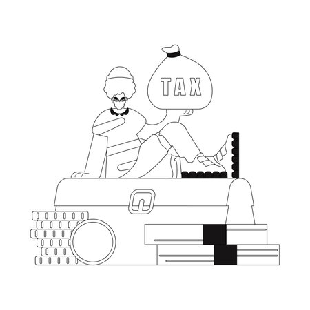 Guy sits on a pile of cash, holds a bag. tax time. linear format. vector pic.のイラスト素材