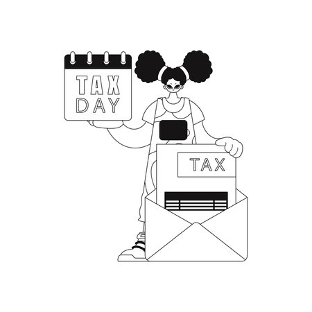 Girl holds a calendar and letter with tax notification. Linear, vector illustration.のイラスト素材