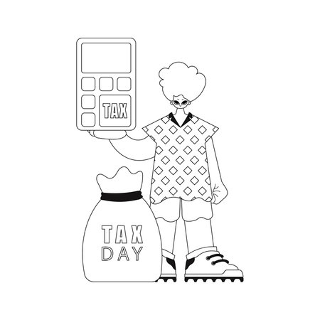 man holds calculator. Linear style vector illustration.のイラスト素材