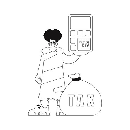 Girl has a calculator. linear vector illustration.のイラスト素材