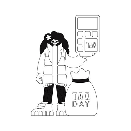 Girl holds a calculator. straight lines. vector pic.のイラスト素材