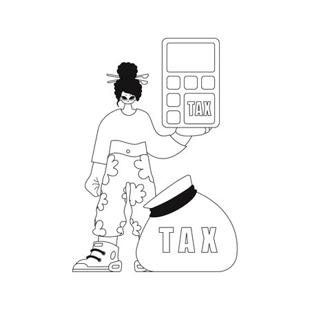 Girl holds a calculator. Linear image. vector art.のイラスト素材