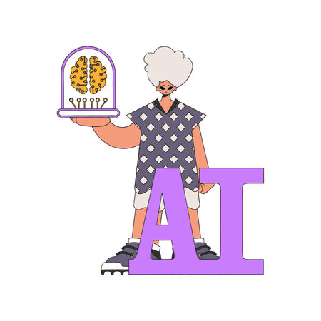 Person grasping a robotic-looking AI mind, vector art.のイラスト素材