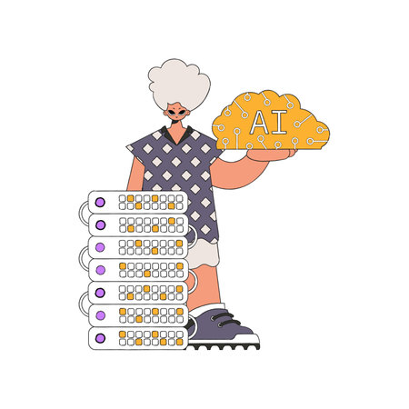 Illustration of man holding AI brain vector.のイラスト素材