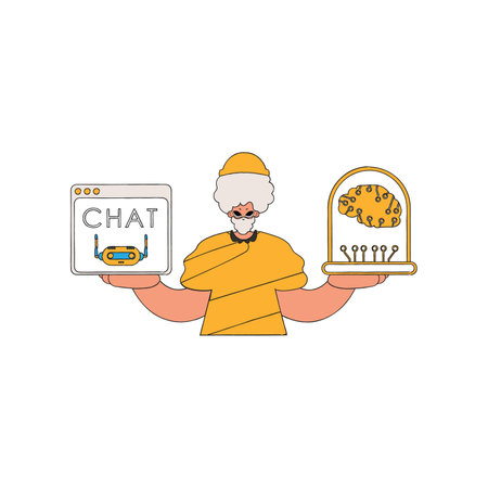 Guy conversing with AI using a handheld device, vector imageのイラスト素材