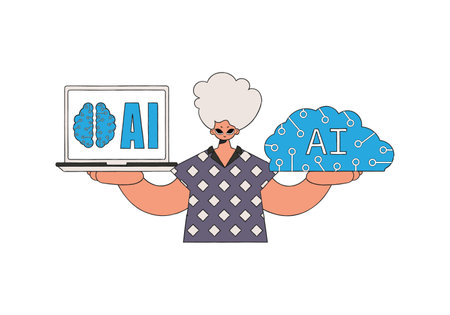Illustration of man with AI brain in hand.のイラスト素材