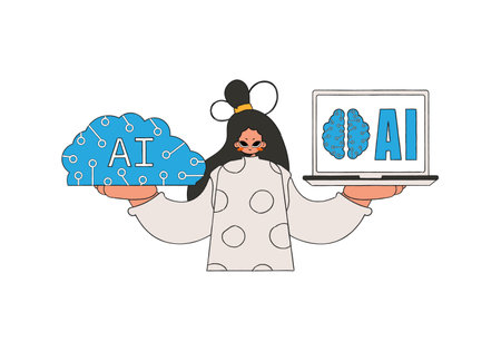 Girl holding AI brain, vector art.のイラスト素材