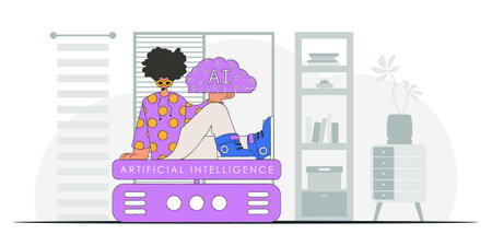 Man holds AI brain, fashionable style, vector pic.のイラスト素材