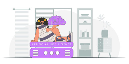 Girl holds AI brain, in a stylishly vectorized image.のイラスト素材
