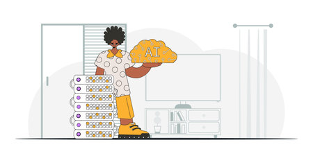 Man displaying AI brain, stylishly drawn, vector art.のイラスト素材