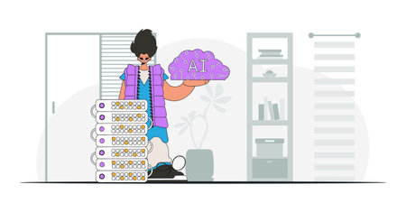 Man holding trendy, AIpowered brain illustration in vector form.のイラスト素材