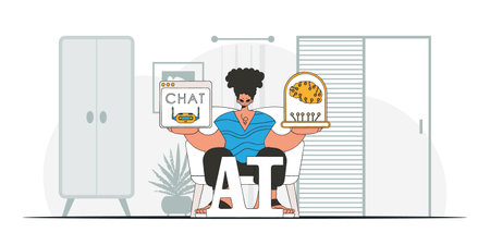 .Person grasping a robotic thinking machine, fashionably depicted, vector art.のイラスト素材