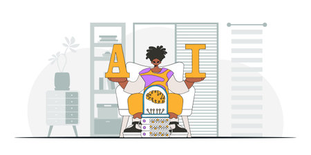 Vector illustration of trendy Man holding a brainlike AI device.のイラスト素材