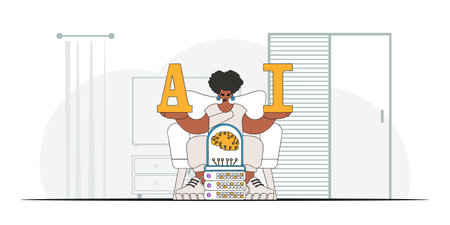 Girl in trendy style holding AI brain, vector illustration.のイラスト素材