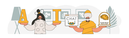 AI team of guy and girl in modern fashion, vector art.のイラスト素材