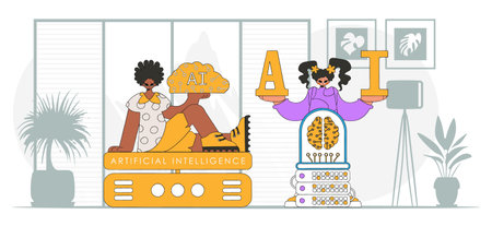 AI team of a guy and a girl, ontrend style, vector graphic.のイラスト素材