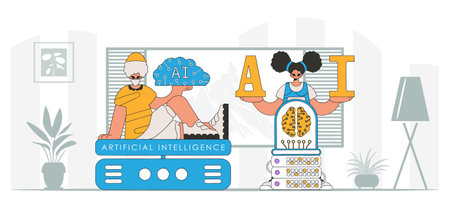 Guy and girl AI squad in modern fashion, vector art.のイラスト素材