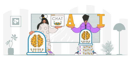 AI team of a guy and girl in fashionable outfits, illustrated as a vector.のイラスト素材