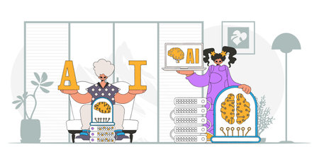 Vector illustration of trendy style AI team a guy and a girl.のイラスト素材
