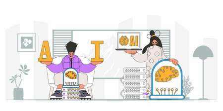 Guy and girl AI duo in a fashionable style, vector illustration.のイラスト素材