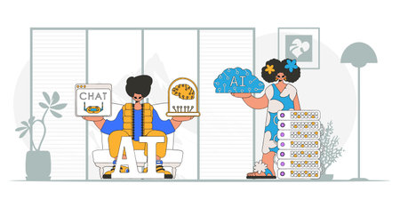 Guy and girl AI team in trendy style, vector illust.のイラスト素材