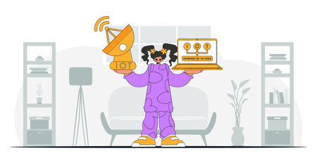 Girl on laptop with satellite dish for IoT, modern vector character illustration.のイラスト素材