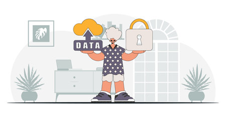 Modern vector character style of a man with a padlock and cloud storage.のイラスト素材