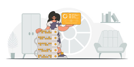 Girl in modern style holding IoT logo, vector illustration.のイラスト素材