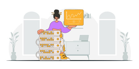 Girl depicting modern, vector style, holding IoT logo.のイラスト素材