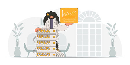 Girl holding IoT logo, modern vector style character.のイラスト素材