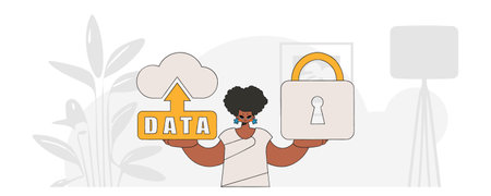 Girl holding cloud storage and padlock in modern vector style.のイラスト素材