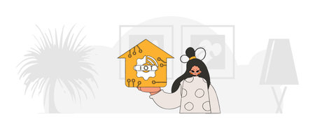 Girl with IoT logo on the floor, modern vector character design.のイラスト素材